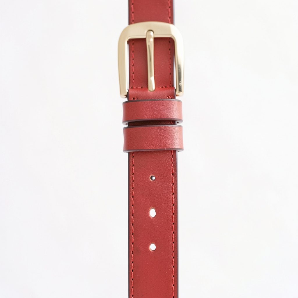 Bright, high-key photograph of a tan leather belt coiled beside a polished gold-tone buckle on a soft white marble surface with gentle daylight and airy shadows