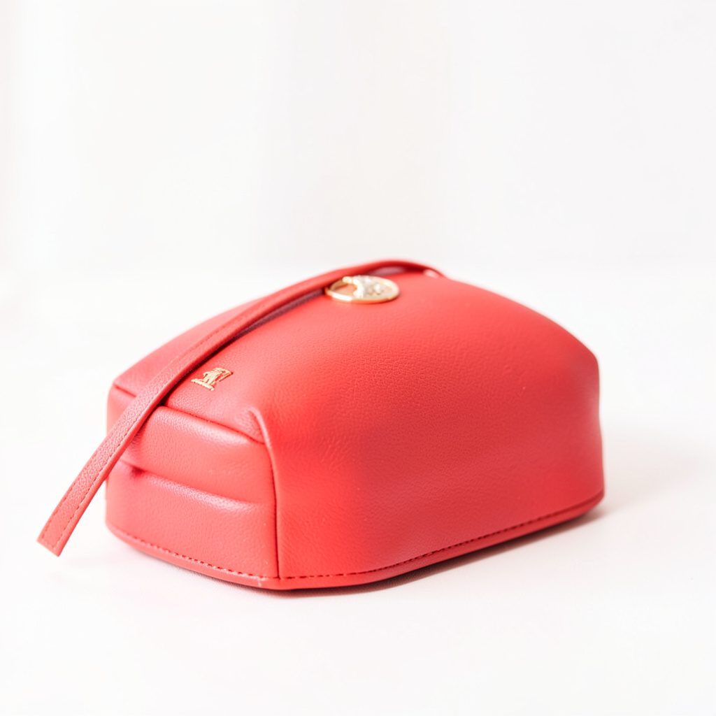 Bright, airy photograph of a leather handbag styled on a soft neutral surface in cream and tan tones