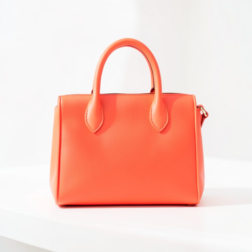 Bright, airy studio photograph of a soft orange leather tote with white topstitching, styled on a pale linen background