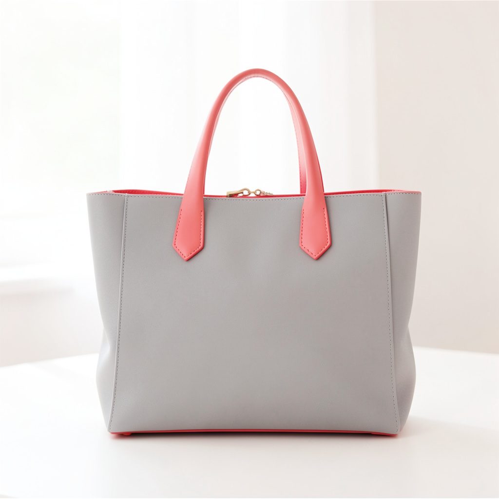Bright, airy studio photograph of a soft grey structured handbag with a rolled top handle, resting on a white linen cloth in soft natural light