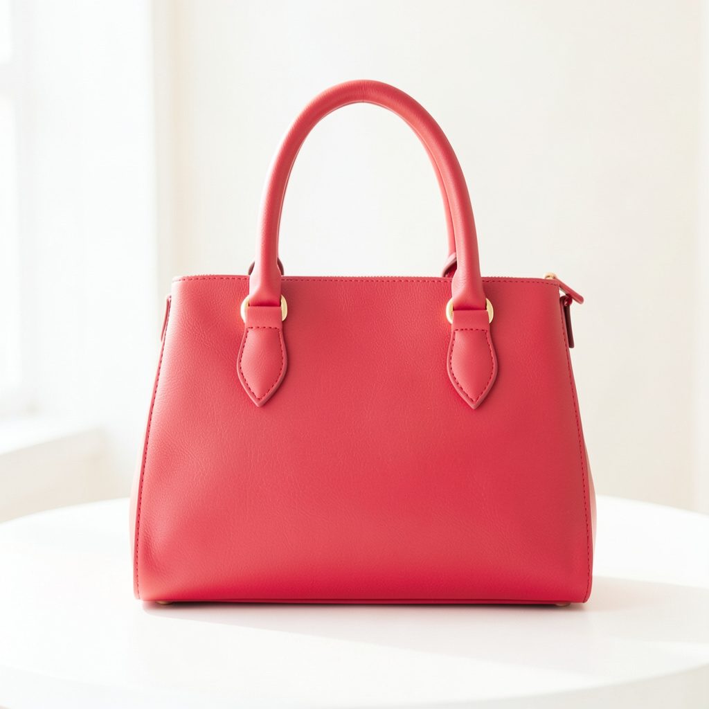 A vivid ruby red handbag with a boxy silhouette and gold-tone clasp, rich warm-toned mood