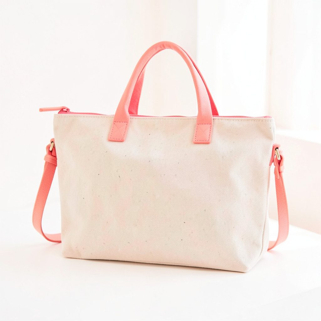 Bright, high-key photograph of a beige canvas shoulder bag resting on a soft white linen surface with airy natural daylight and gentle shadows